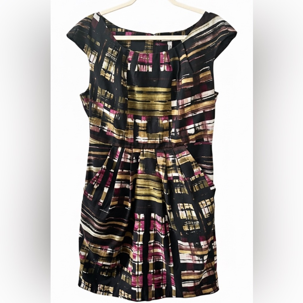 Corey P Abstract Painterly Sheath Dress Size 12 EUC Modern Career Pockets